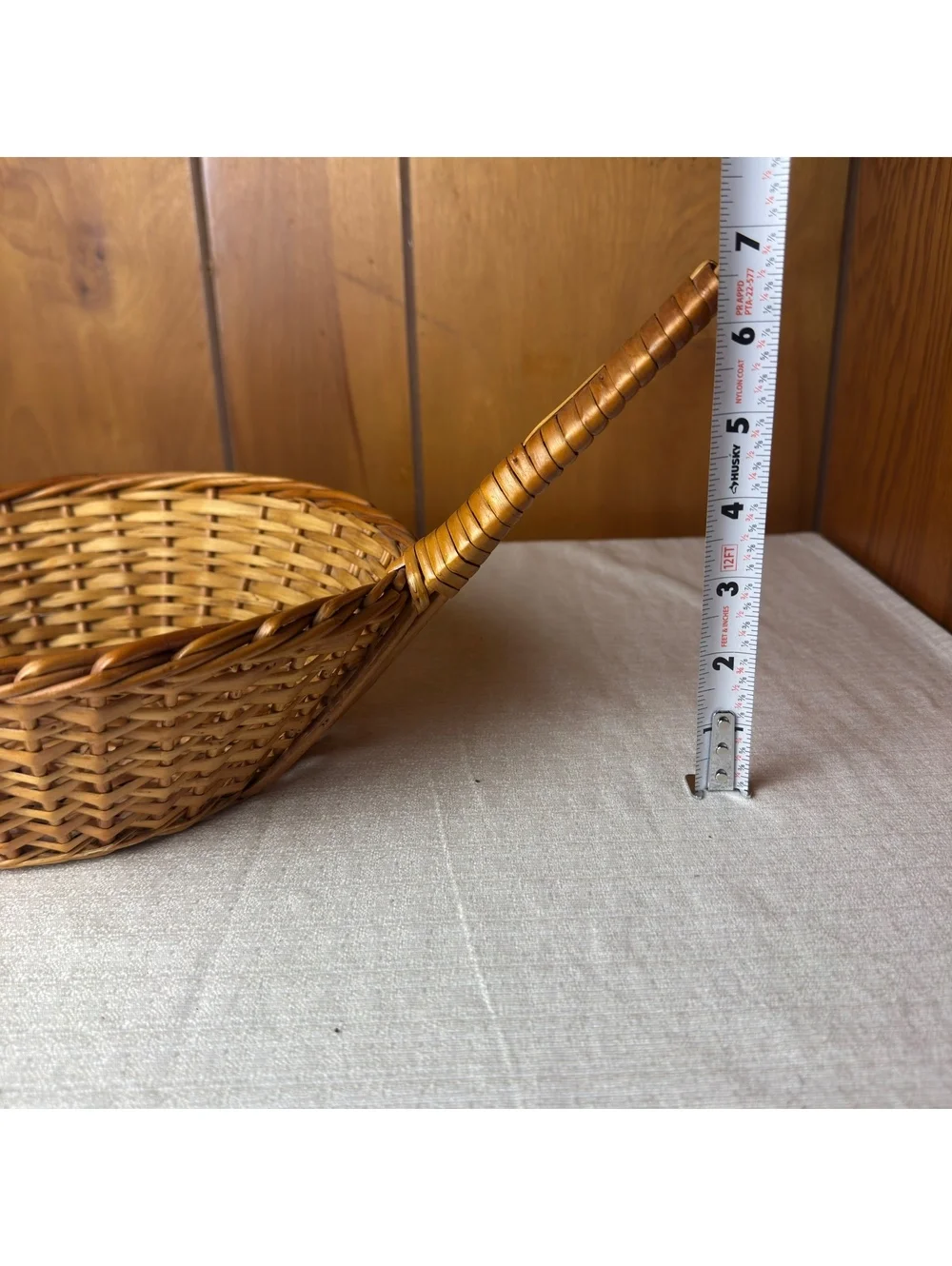 Vintage Wicker Serving Basket With Long Handle Round Handwoven Farmhouse Decor